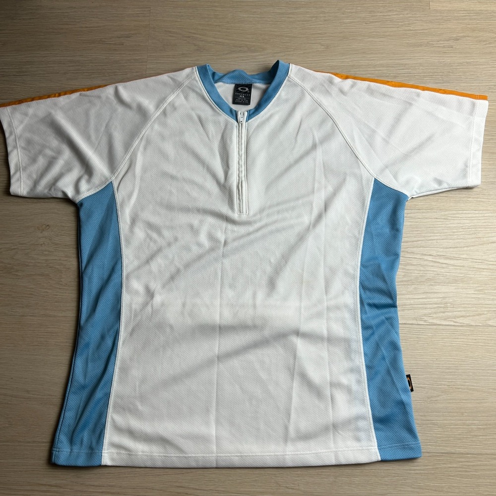 Vintage Oakley Software Mens XL Cycling Jersey Shirt White Blue Orange 1/4 Zip
